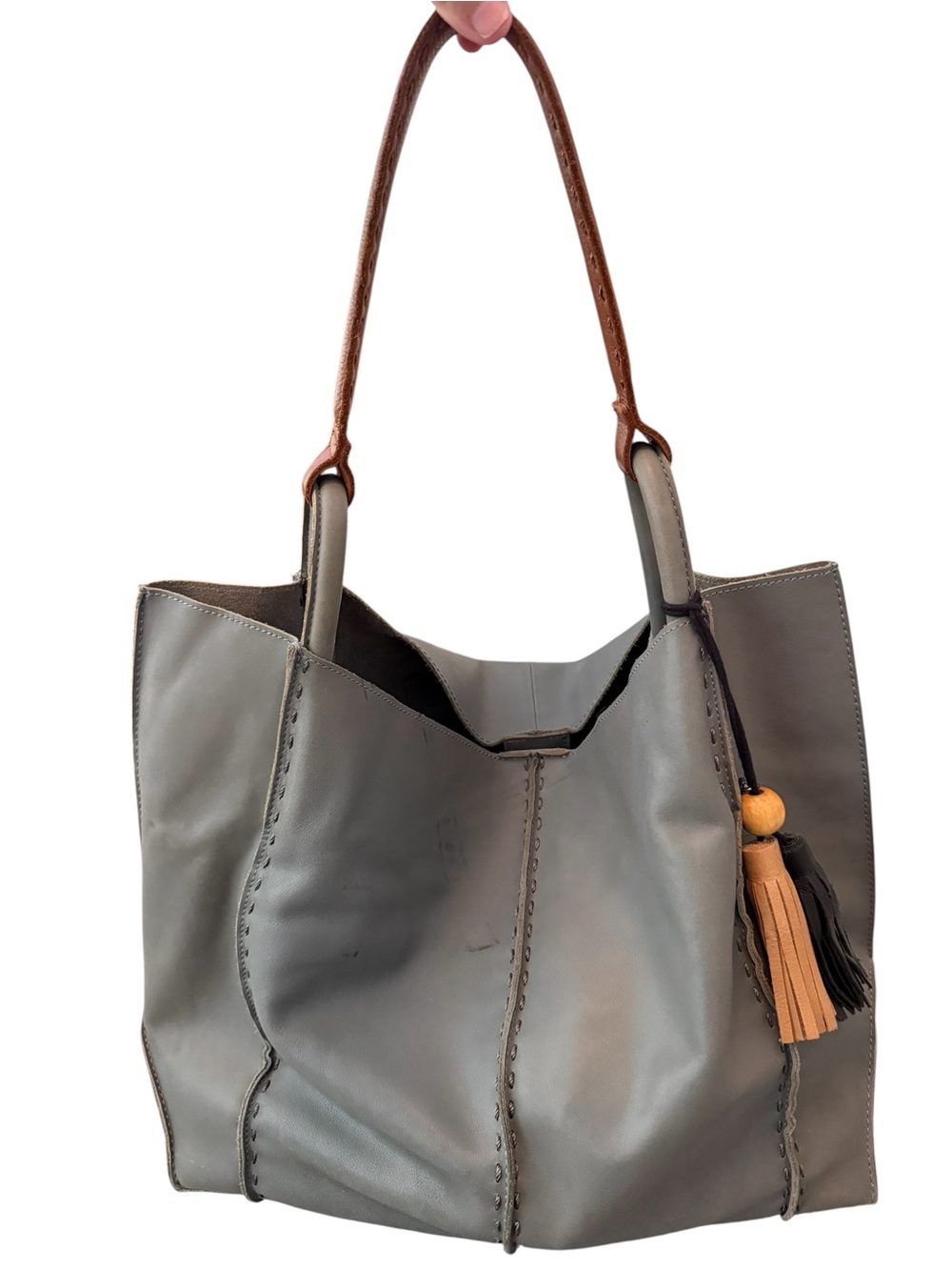 The Sak Los Feliz Grey Leather Tote Bag with Tan Strap and Tassel Maritime